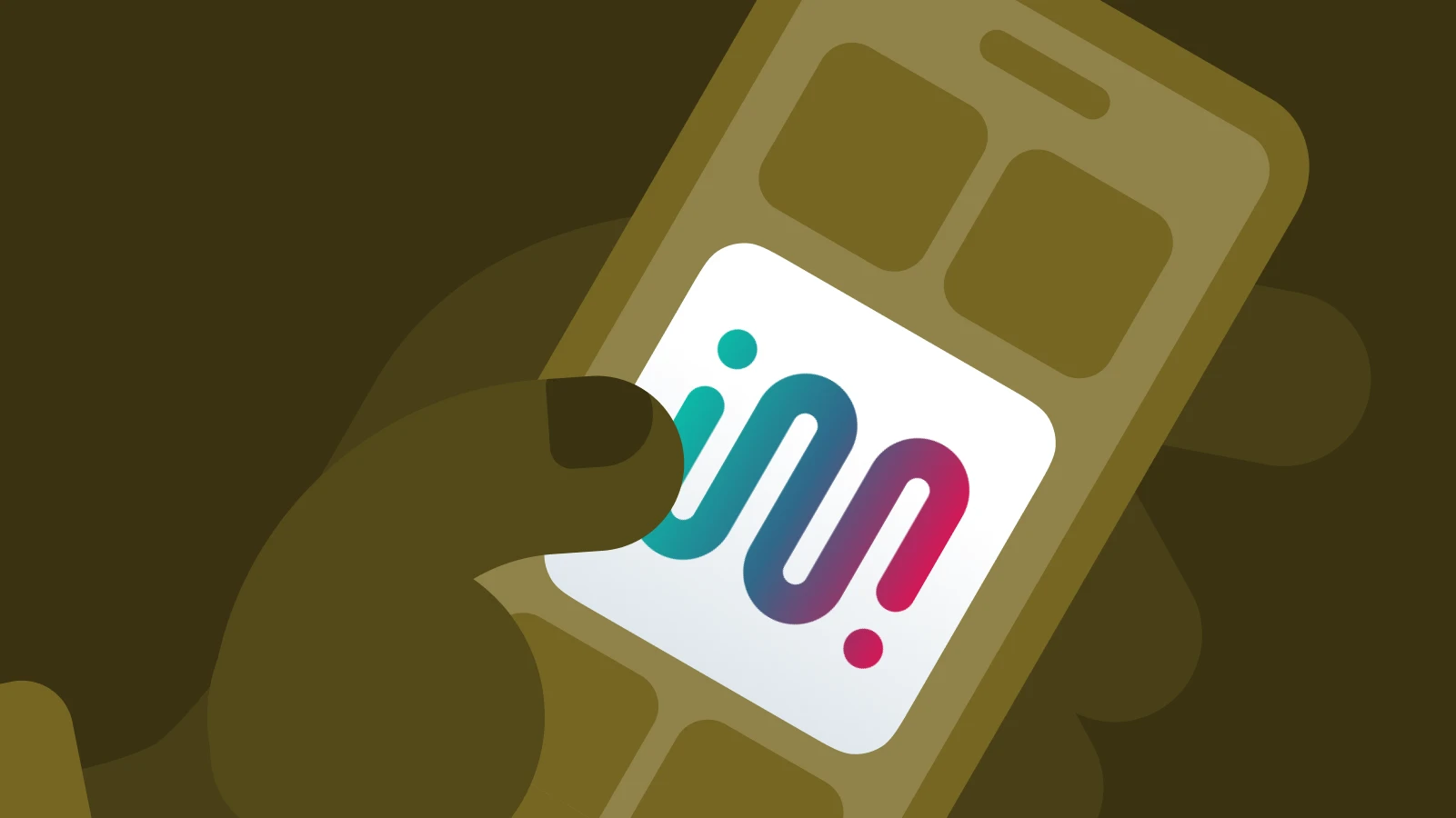 Smartphone showing brain training app icon with teal and purple design on dark gray background