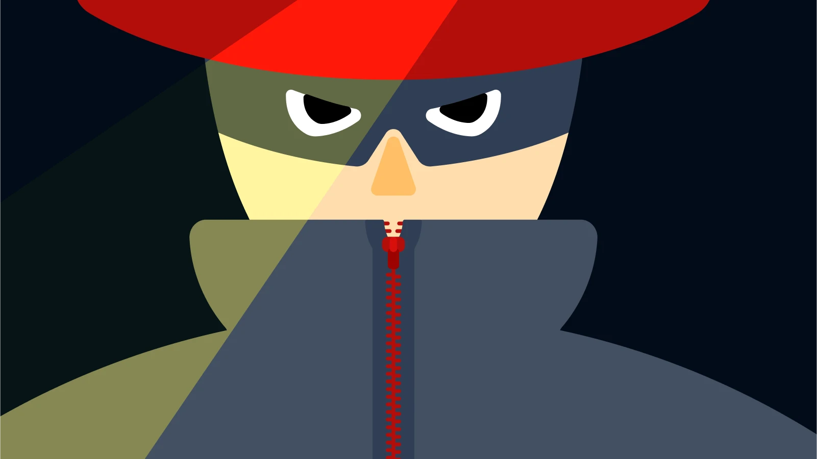 Cartoon man in red hat and zipped coat with shadowed eyes, mysterious figure from The Life We Bury