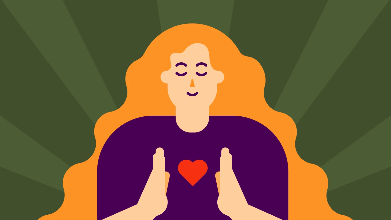 child-care - A woman with long orange hair and peacefull face expression holds a heart between her hands