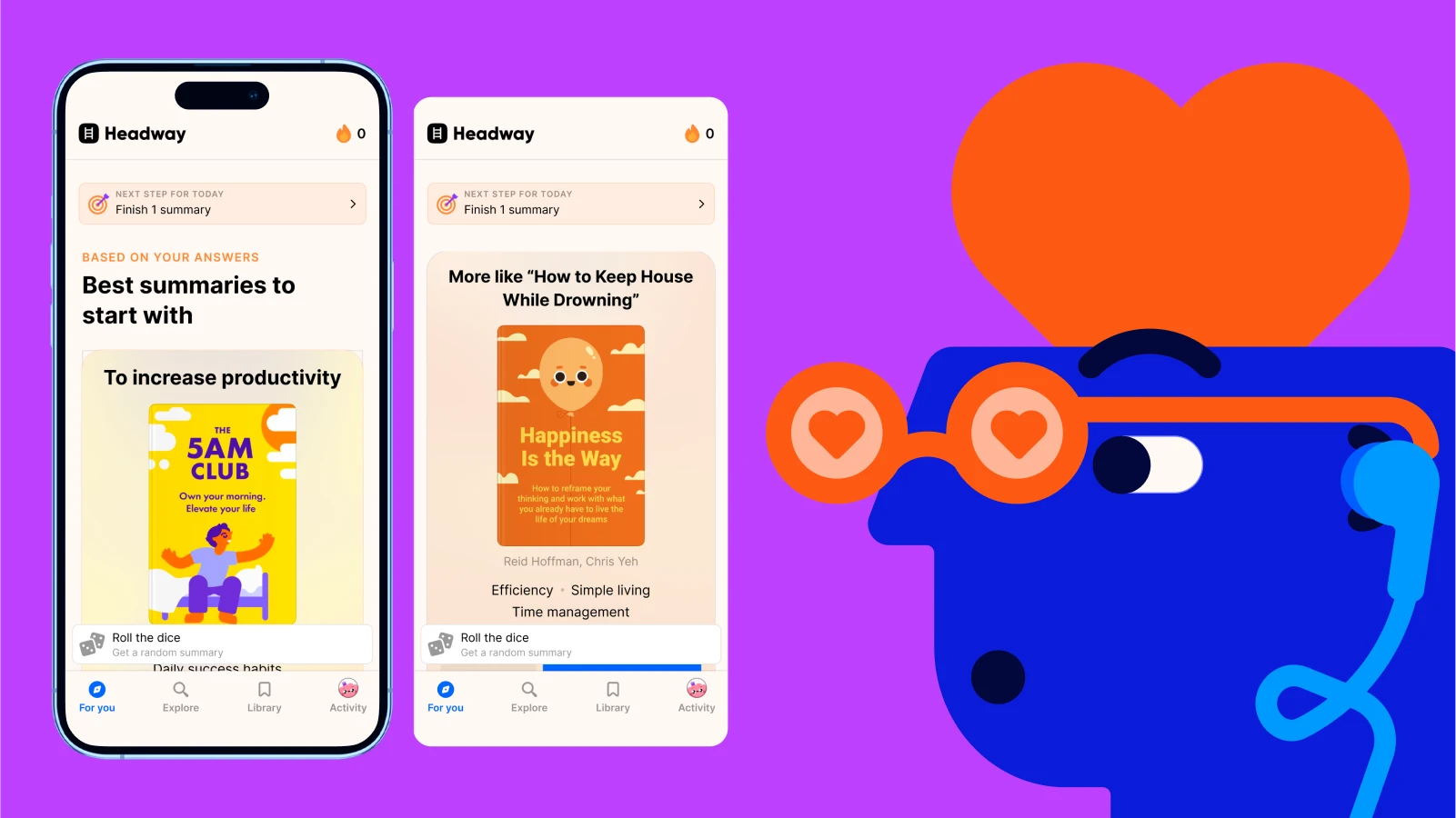 Two phone screens with book covers alongside cartoon head wearing heart-shaped glasses from headway app