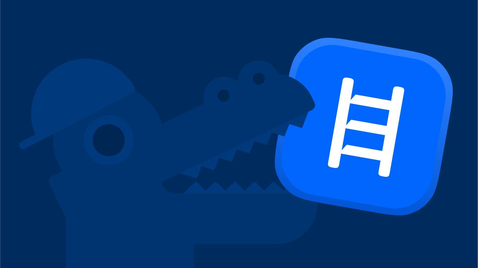 Crocodile character holding a Headway app icon with his teeth