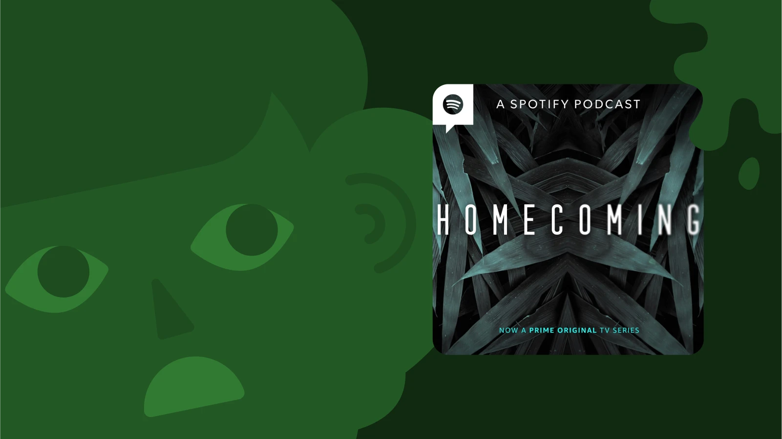 Green background with Homecoming podcast cover, one of the best fiction podcasts mixing sci-fi, thriller, and psychological drama