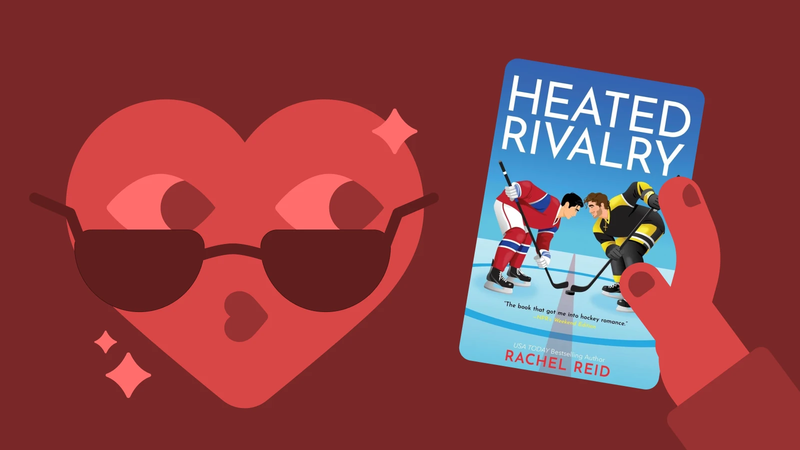 Heated Rivalry by Rachel Reid romance audiobook cover beside decorative red heart with sunglasses on dark red background