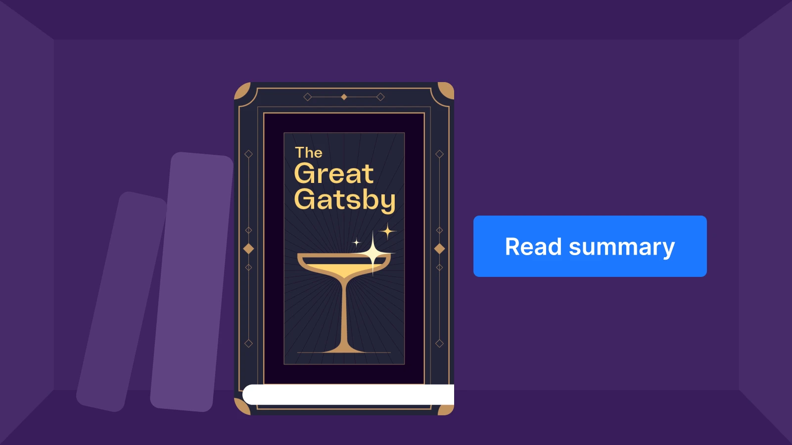 The Great Gatsby novella with art deco gold frame and champagne glass on purple background with book silhouettes