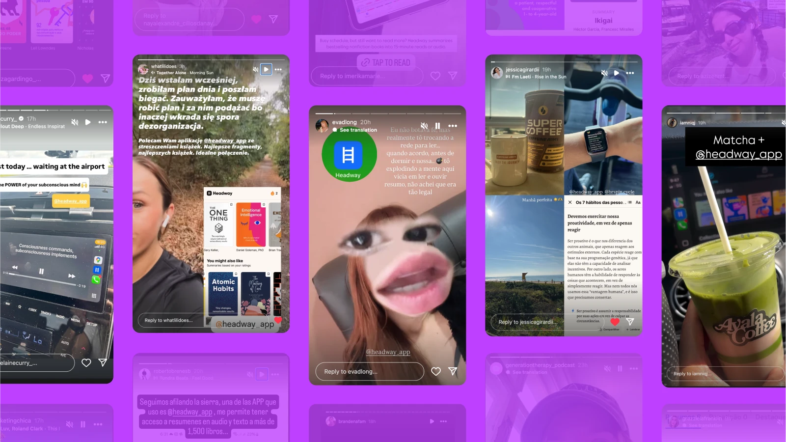Collage of phone screenshots and selfies from instagram stories featuring a headway app in use, headway reviews