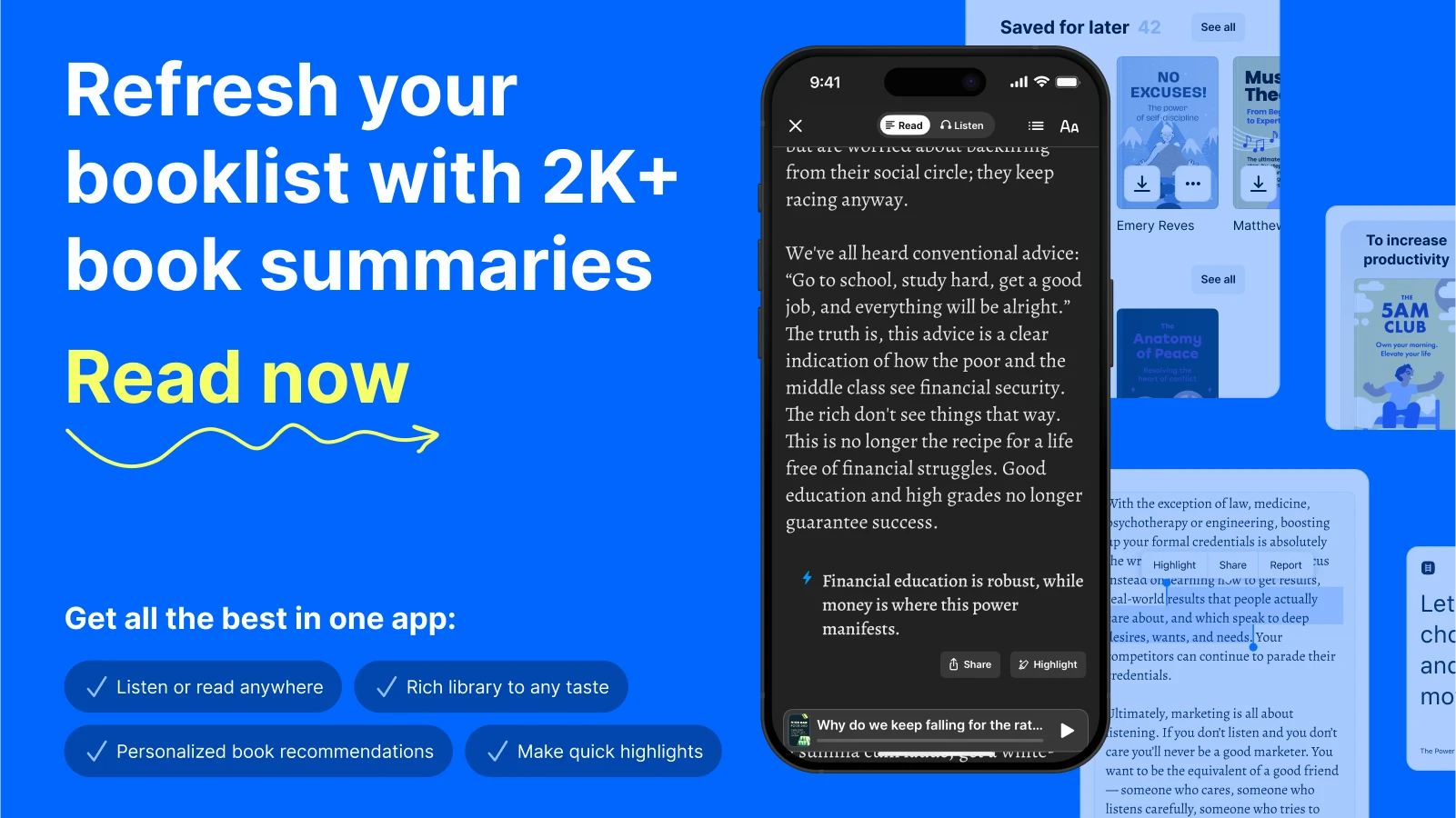 Smartphone app screen showing Headway book summaries on topics like co-parenting, self-help, and personal growth