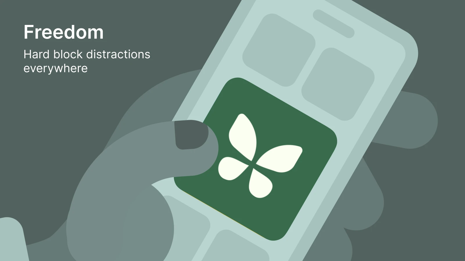 Smartphone with green app icon and white clover design on gray background, promoting digital wellbeing