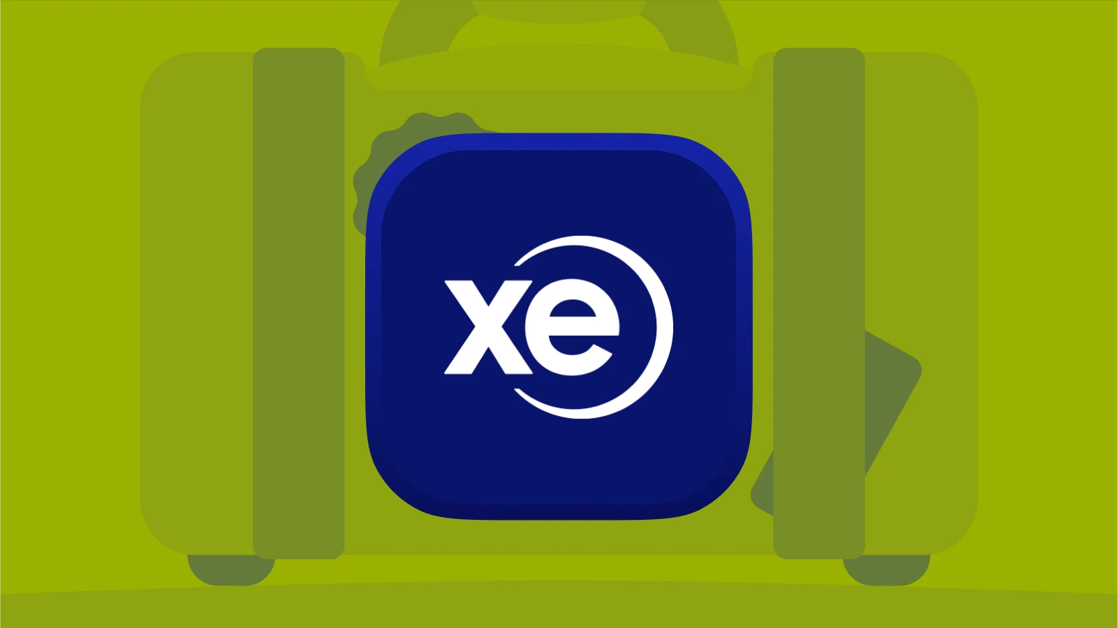 Xe currency from travel apps with a luggage at the background