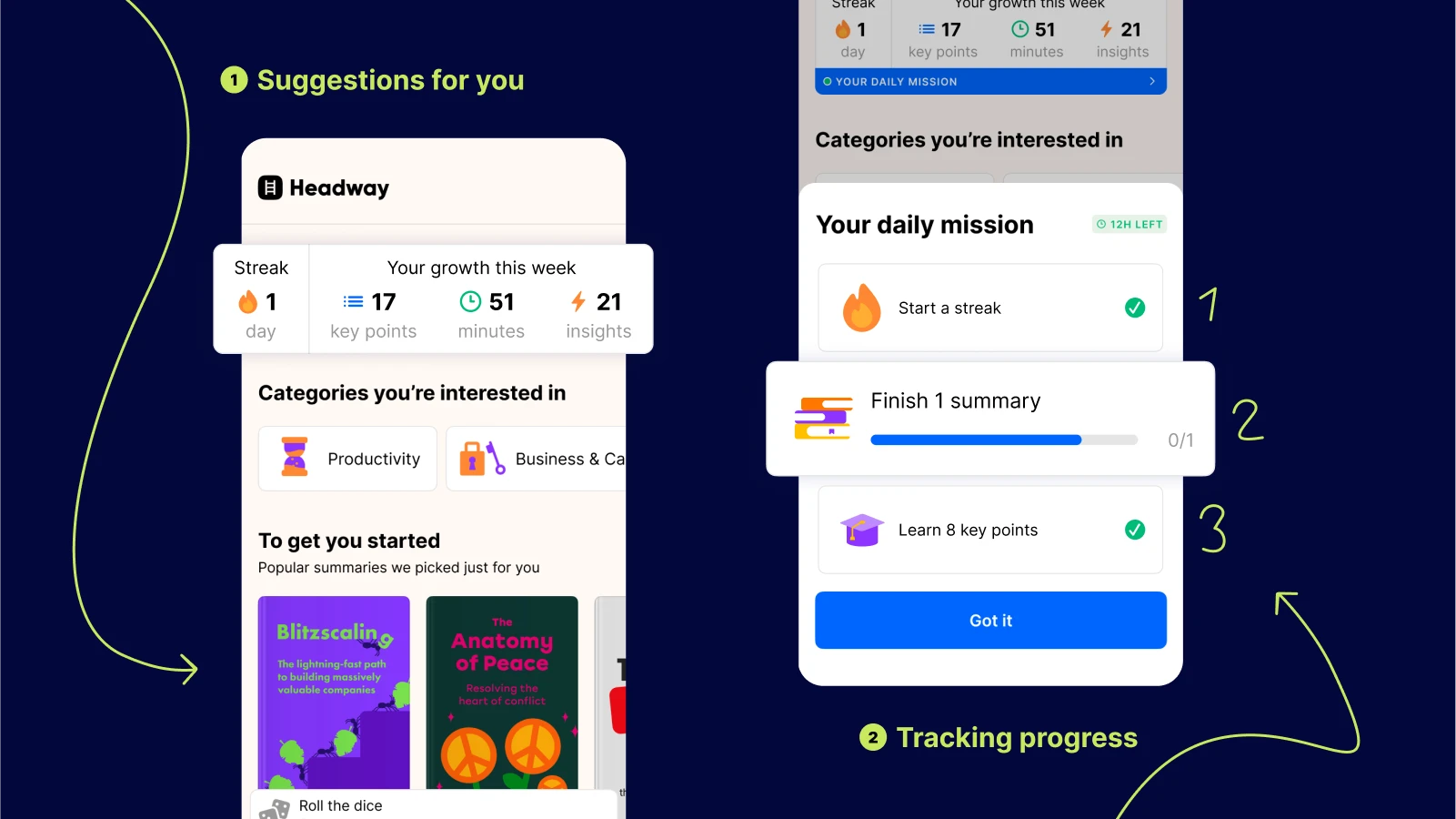 Two app screens showing personalized suggestions, daily mission checklist, and progress tracking from headway app