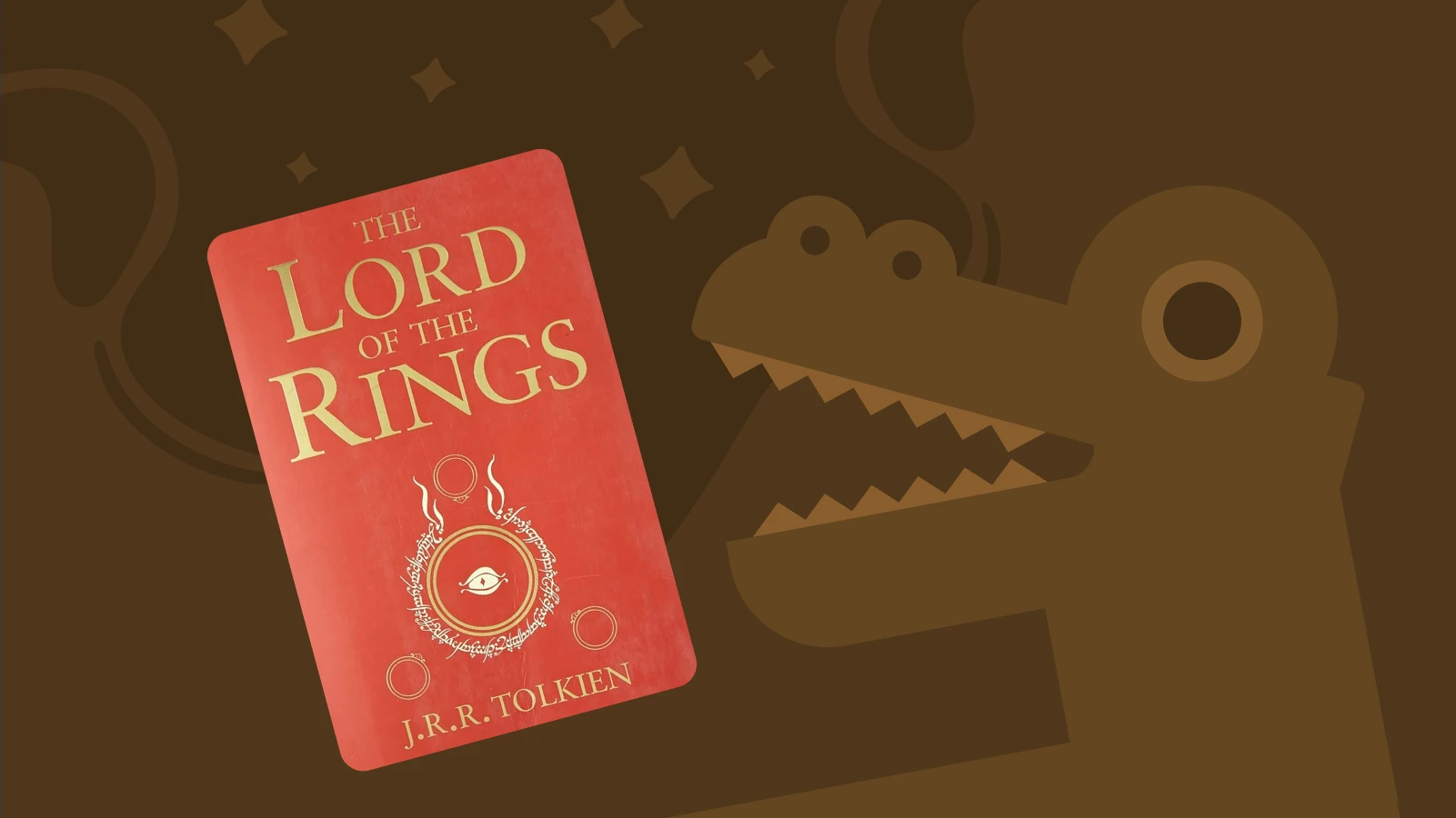 JRR Tolkien's The Lord of the Rings cover on brown background with dragon silhouette, classic fantasy audiobook