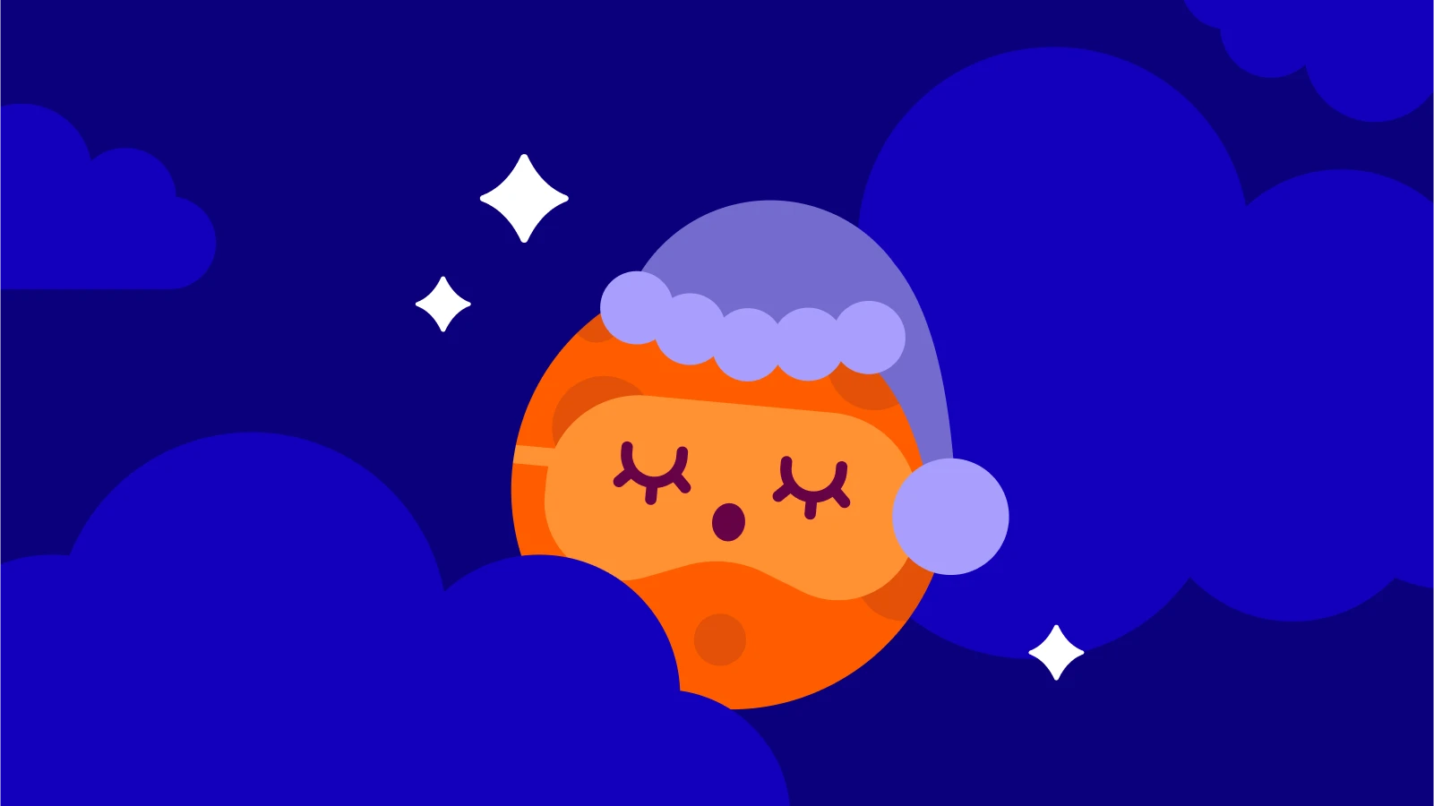 Cartoon orange moon wearing a purple nightcap among stars, representing sleep and recovery in Andrew Huberman’s morning routine