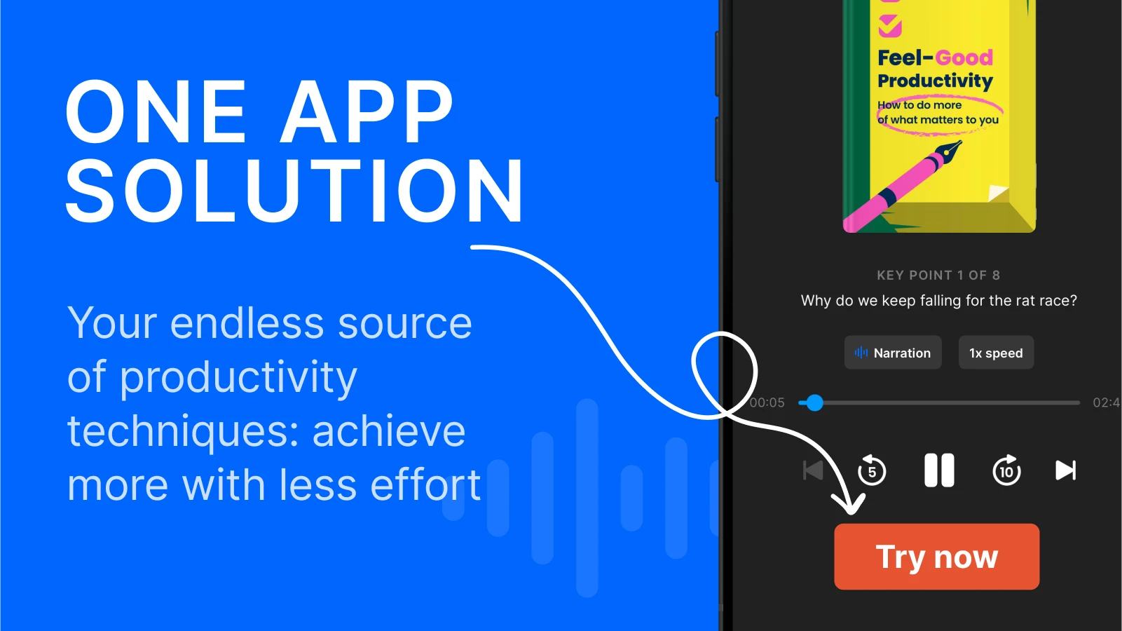 Blue banner with text “One App Solution” showing a mobile audiobook interface and a pink “Try now” button, promoting 15-minute book summaries