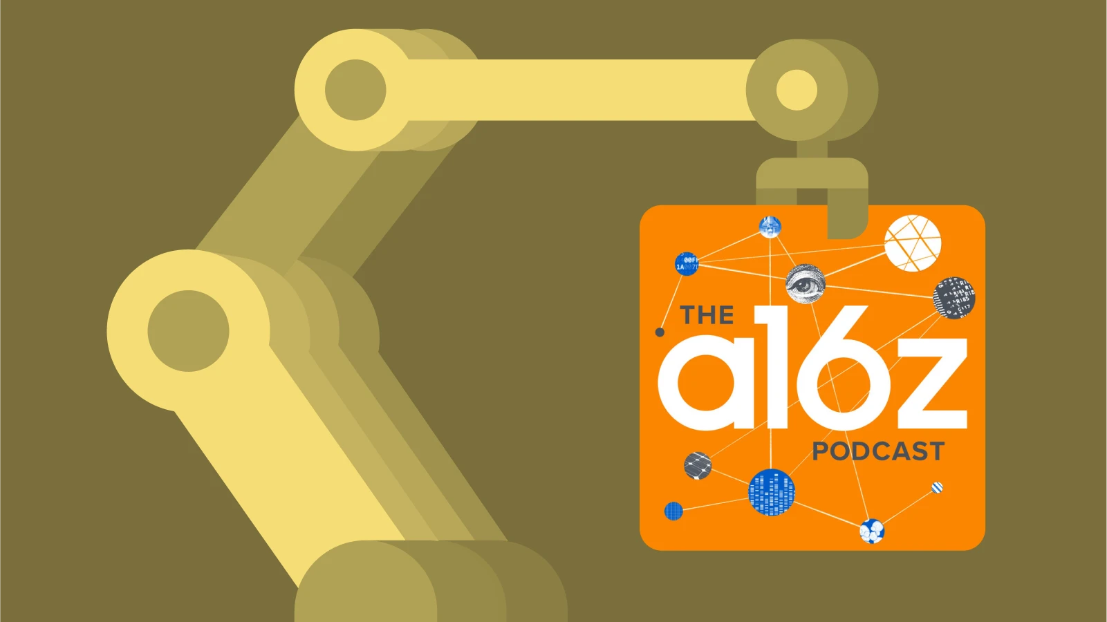 Yellow robotic arm displaying the a16z podcast cover, highlighting a popular tech podcast in a modern style
