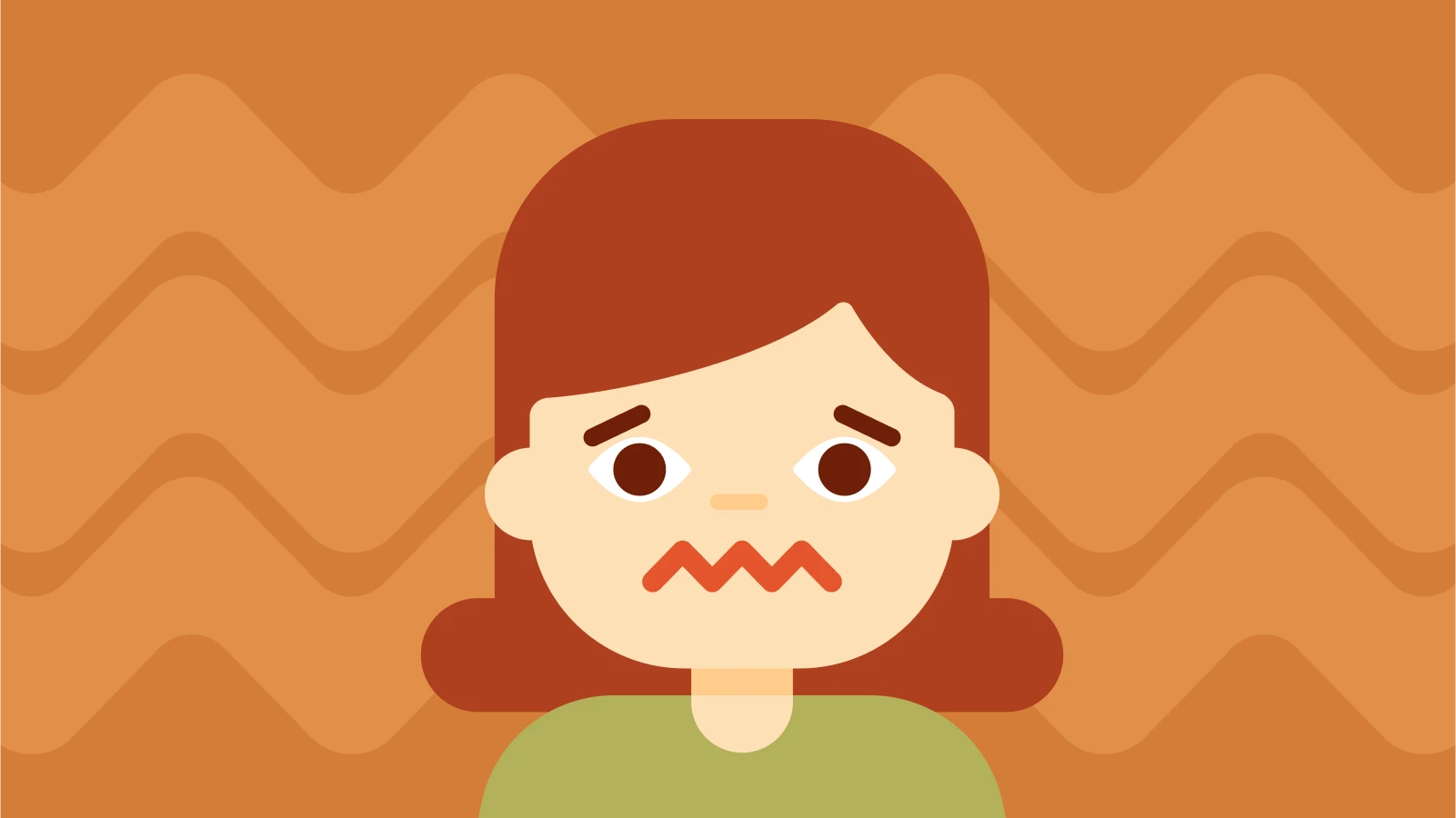 Cartoon woman with red hair and anxious face on orange background, representing frustration from dry text replies