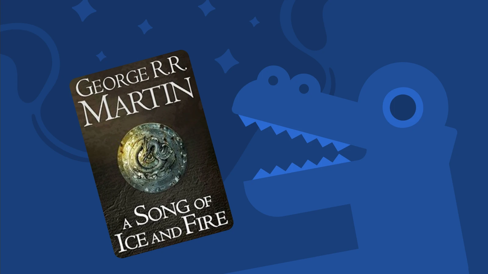George RR Martin's A Song of Ice and Fire cover on dark blue background with dragon silhouette, epic fantasy audiobook