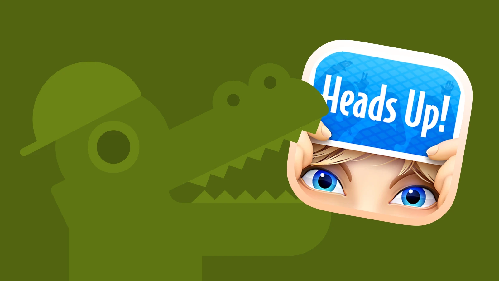 Crocodile character holding a Heads up app icon with his teeth