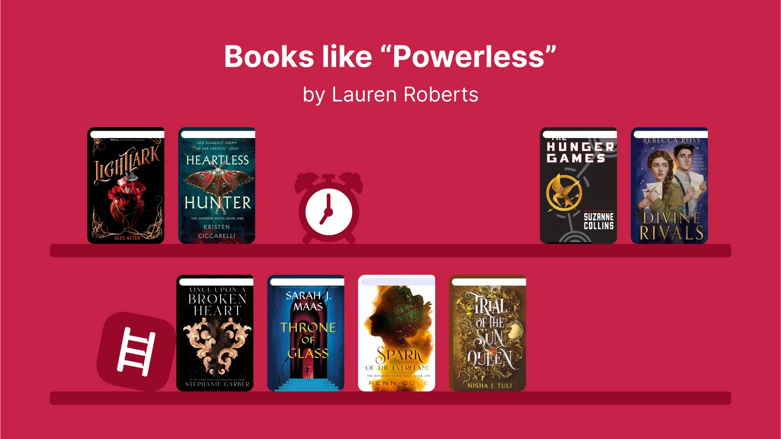 Books like Powerless on a shelf, including Hunger Games, Throne of Glass, Divine Rivals, and other romantasy novels