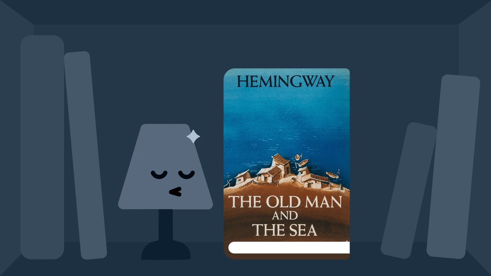 The Old Man and the Sea by Hemingway book cover with illustrated reading lamp on blue background
