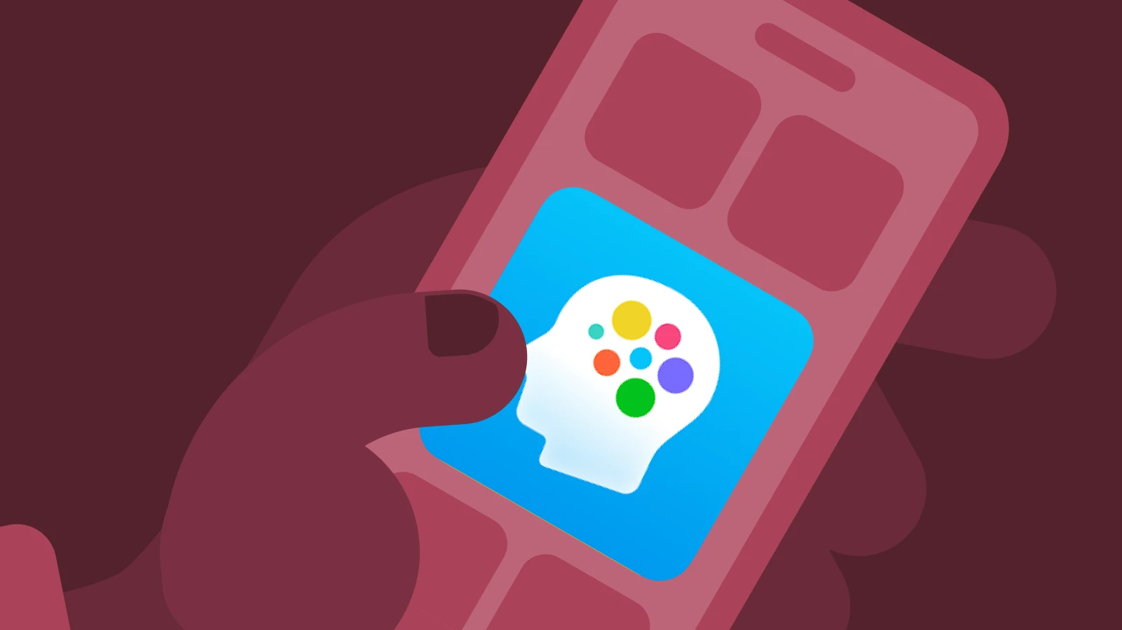 Smartphone with Lumosity app icon showing head profile and colorful circles for cognitive skills on burgundy background