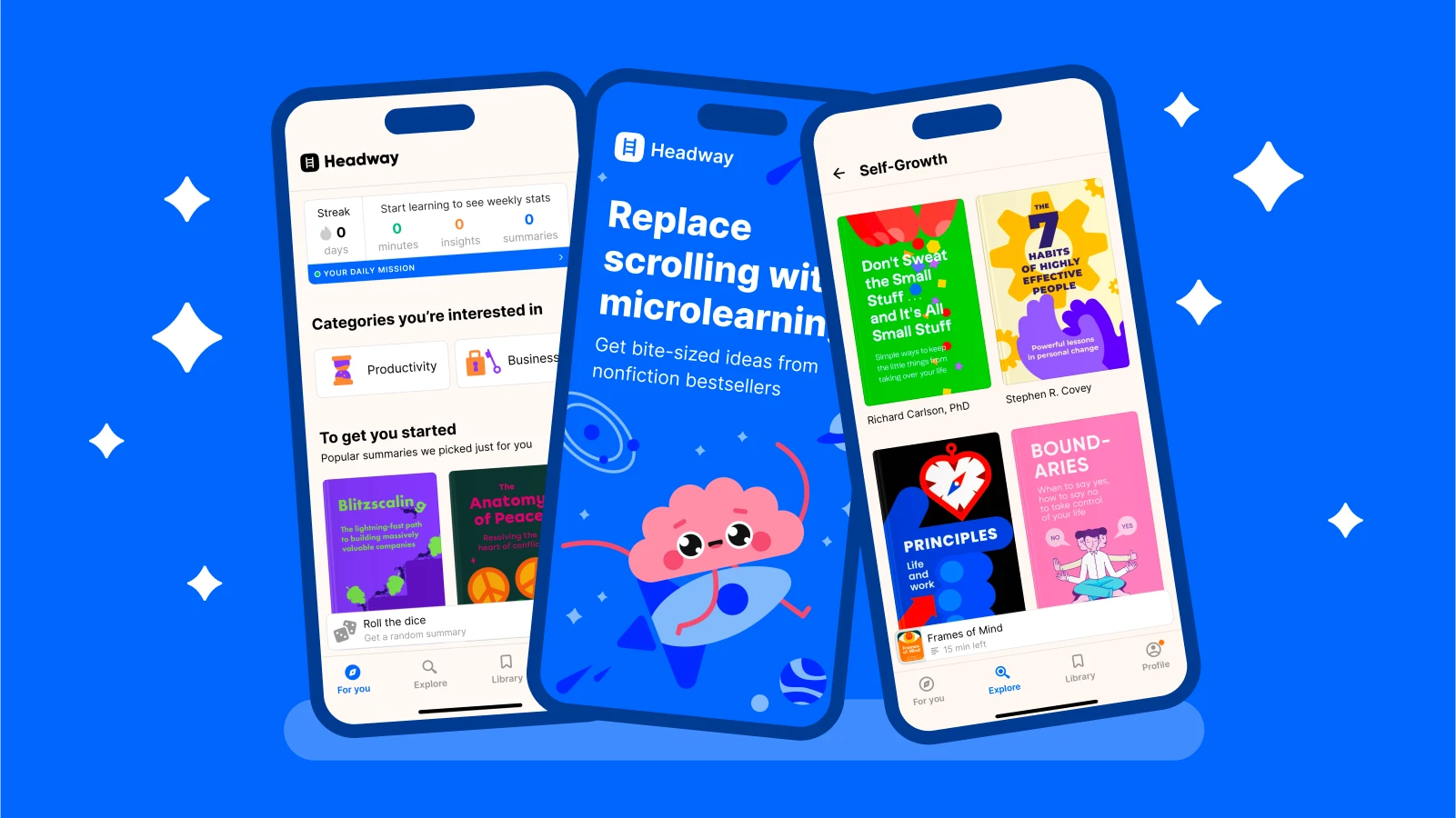 Headway book summaries - Headway app screens with self-help books surrounded by sparkles
