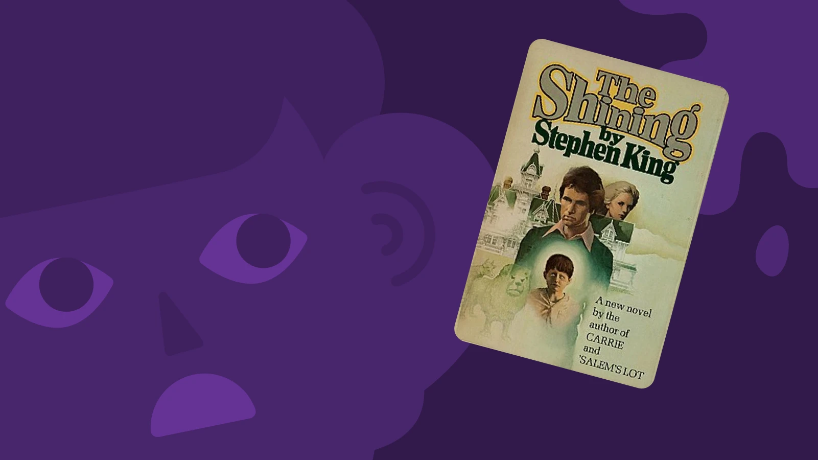 The Shining by Stephen King vintage book cover on purple background with ghost silhouettes for horror audiobook collection