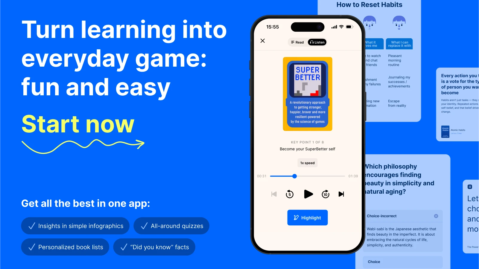 iPhone mockup with gaming book summaries and Headway screetshots