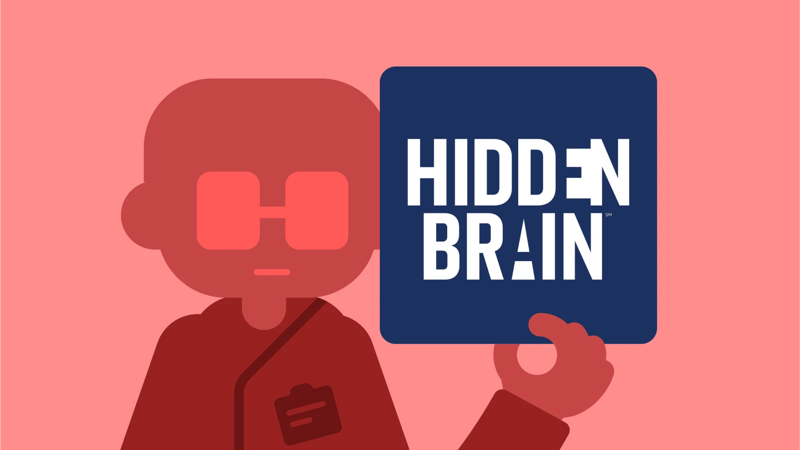 Silhouette of a person in glasses holding Hidden Brain podcast cover on a red background, highlighting one of the best science podcasts