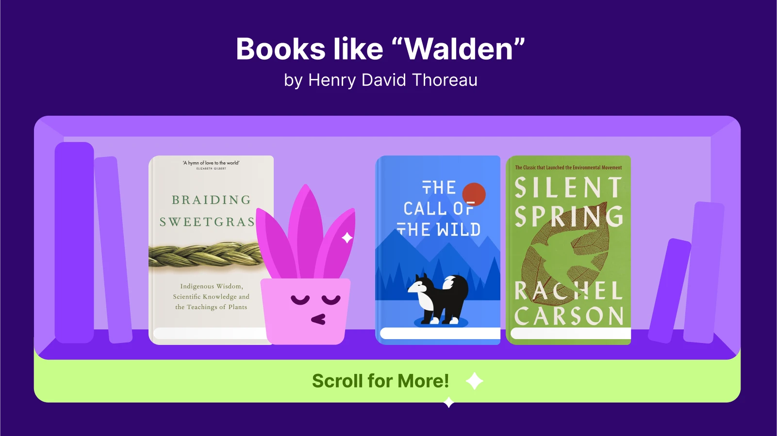 Covers of Braiding sweetgrass, the call of the wild, silent spring on a bookshelf with a cartoon plant symbolizing books like Walden