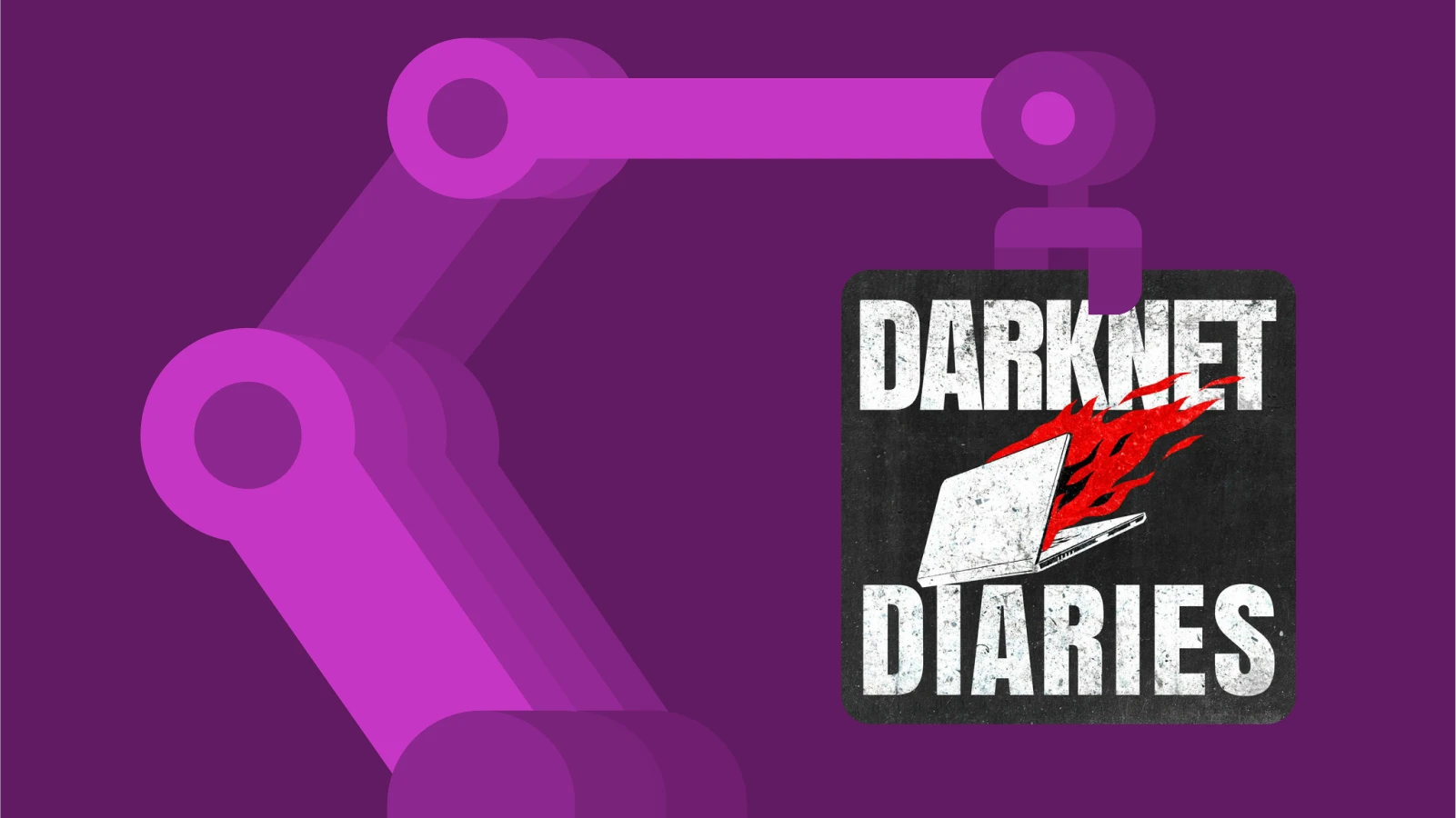 Purple robotic arm holding the Darknet Diaries podcast cover, centered on tech podcast stories about cybersecurity