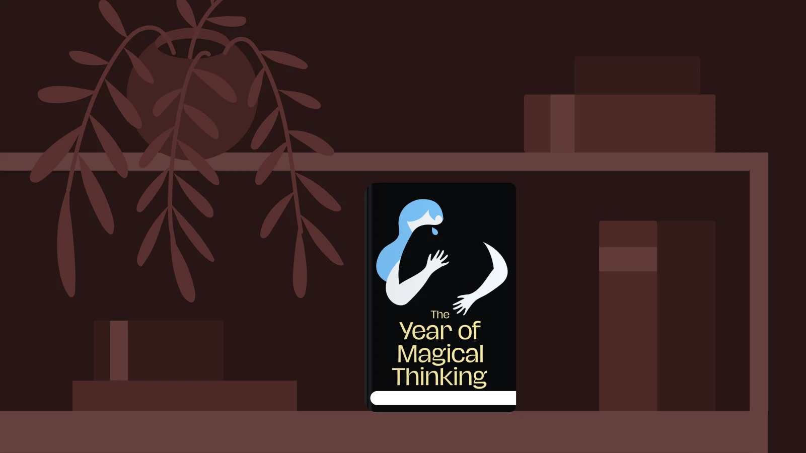 The Year of Magical Thinking book in burgundy cityscape with willow tree