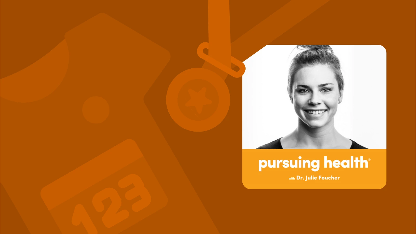 'Pursuing Health' from running podcasts with a sport tshirt and medal at the background