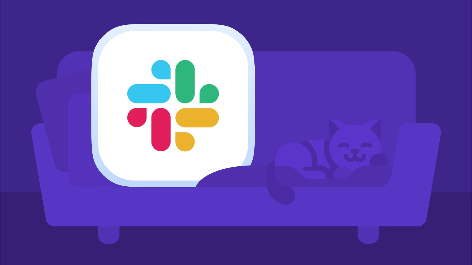 Slack app icon with colorful logo on a purple background with a couch and sleeping cat illustration, symbolizing apps for freelancers to chat and collaborate