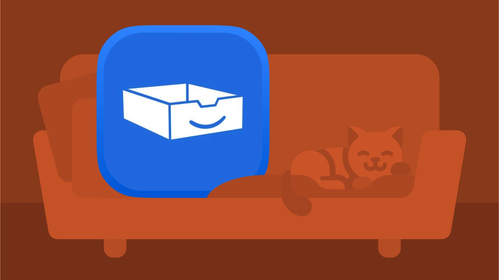 SaneBox app icon on an orange background with a couch and sleeping cat illustration, shown as one of the best apps for freelancers managing documents