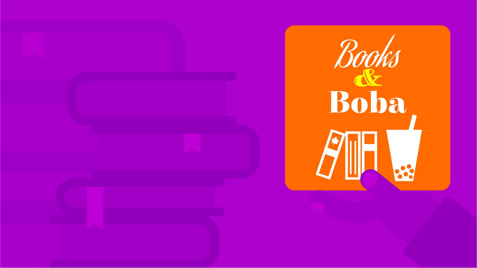 Books and Boba podcast title on purple background with stack of books, shown as one of the best book podcasts for diverse voices