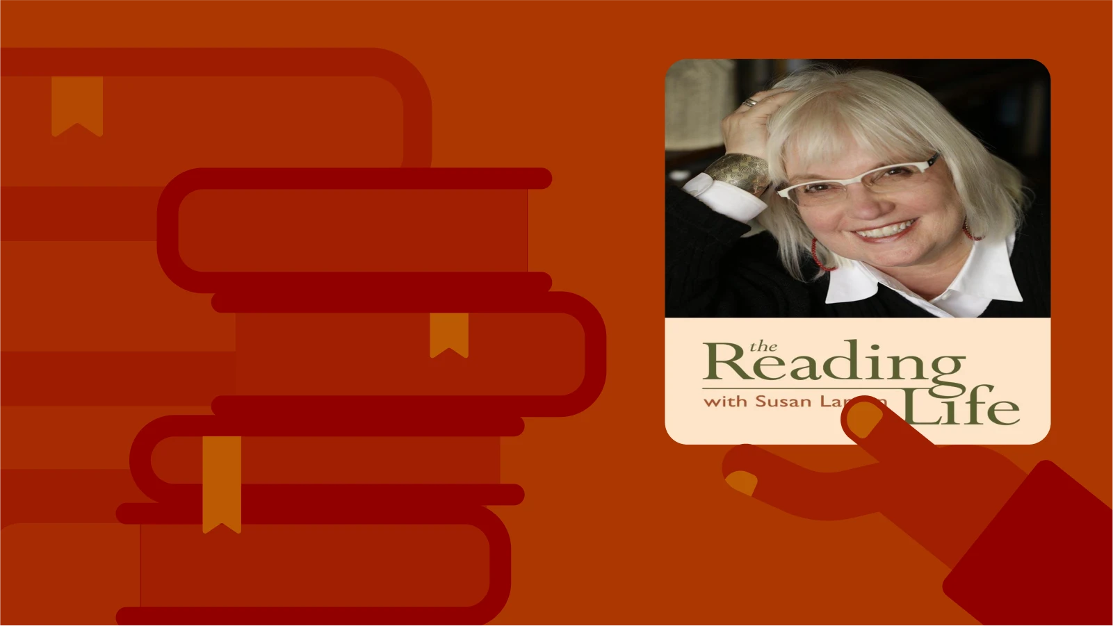 Reading Life podcast title on red background with stack of books, highlighted as a popular book podcast for readers