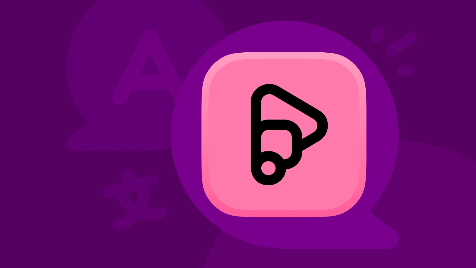An icon of preply inside a speech bubble, set against a purple background with the icon of speach bubble and translation