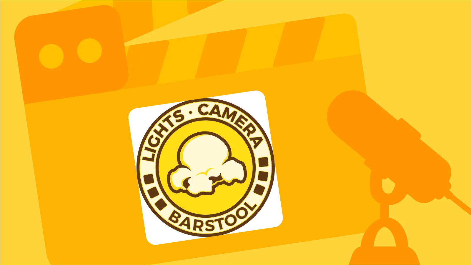 Lights Camera Barstool podcast cover with popcorn logo on a yellow background featuring a film camera and microphone, highlighting popular movie podcasts
