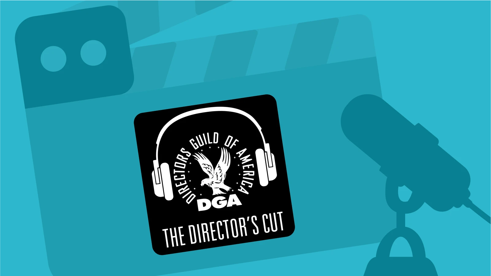 The Director’s Cut podcast logo with DGA emblem on a teal background showing a film camera and microphone, focused on movie podcasts by directors