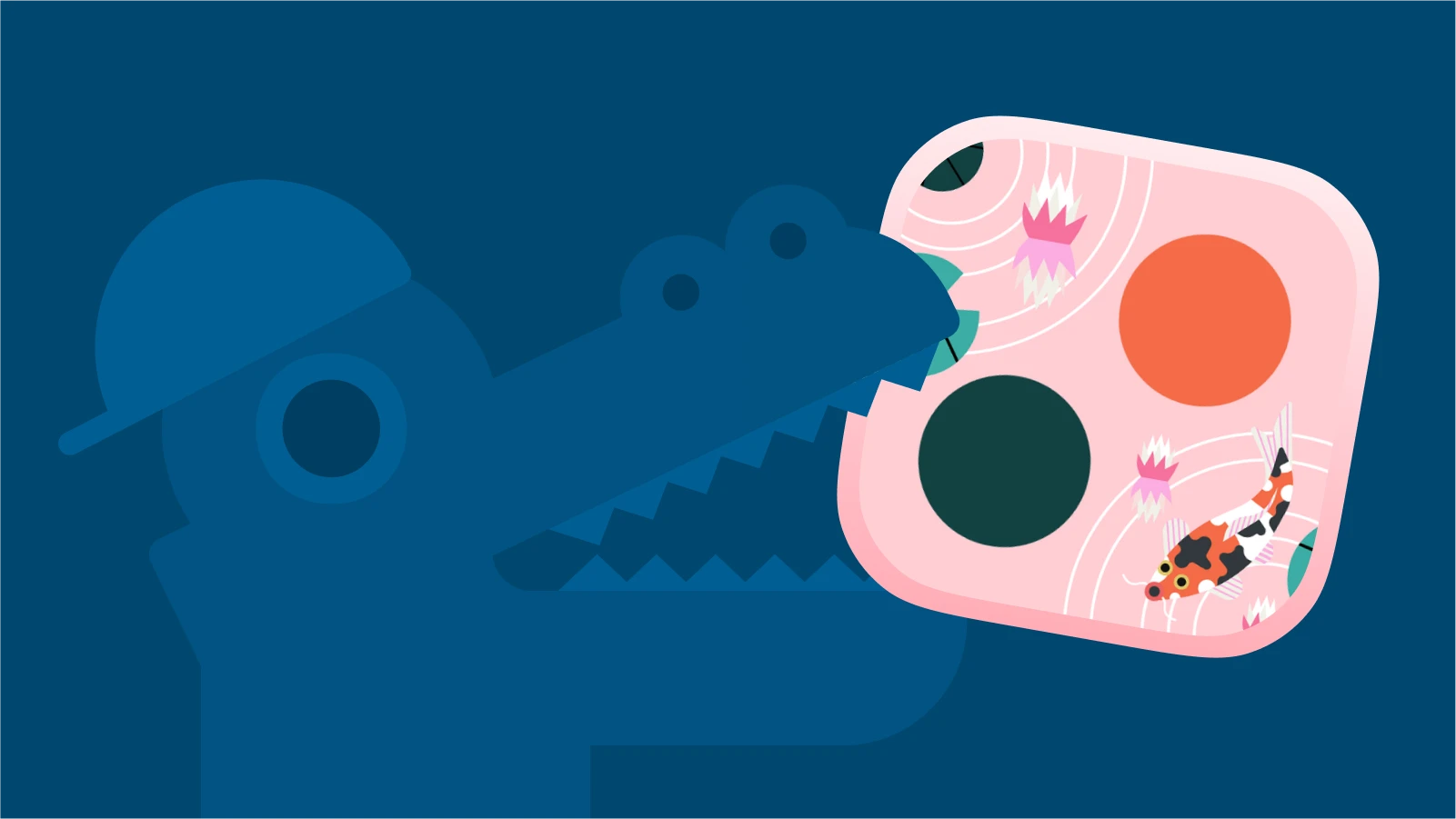 Crocodile character holding a Two dots app icon with his teeth, symbolising top fun apps