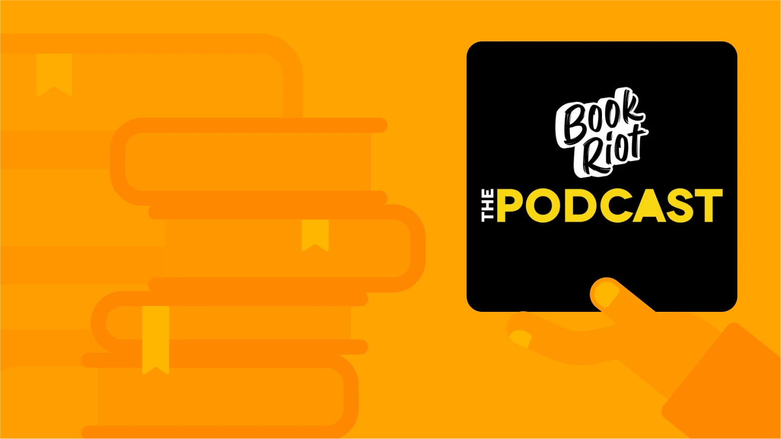Book Riot podcast title on orange background with stack of books, presented as a leading book podcast