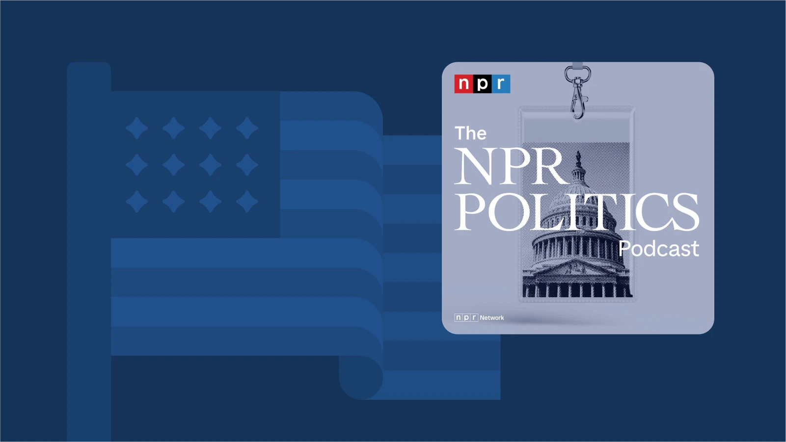 Blue background with NPR Politics Podcast cover, a leading show for US political news and analysis
