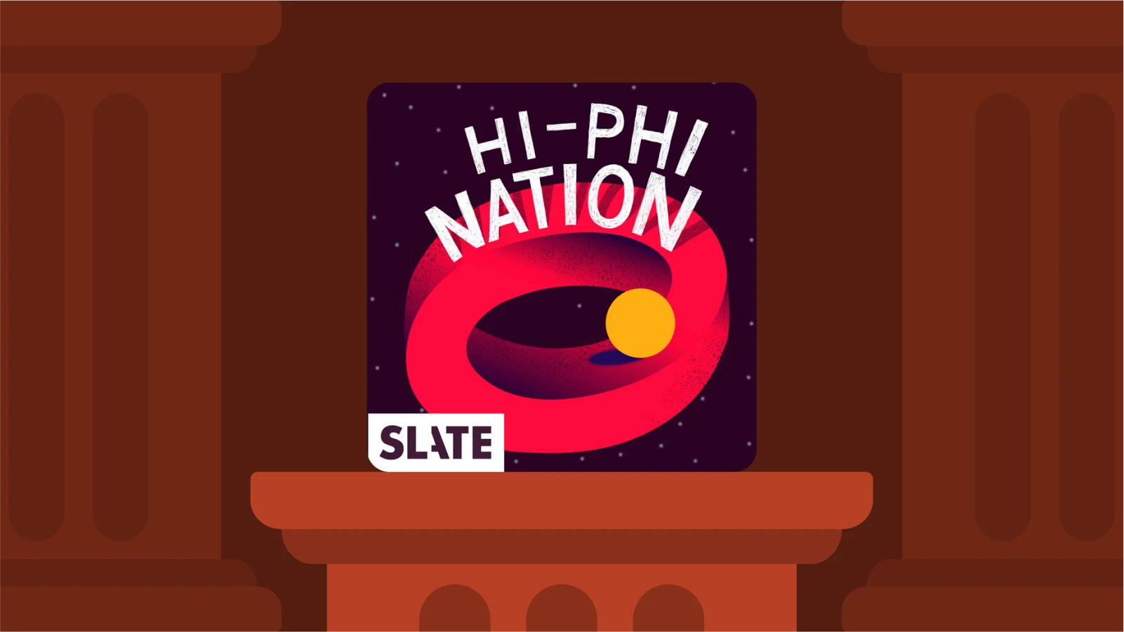 Colorful podcast cover _Hi-Phi Nation_ on a pedestal, highlighting apps like TikTok for philosophy and culture