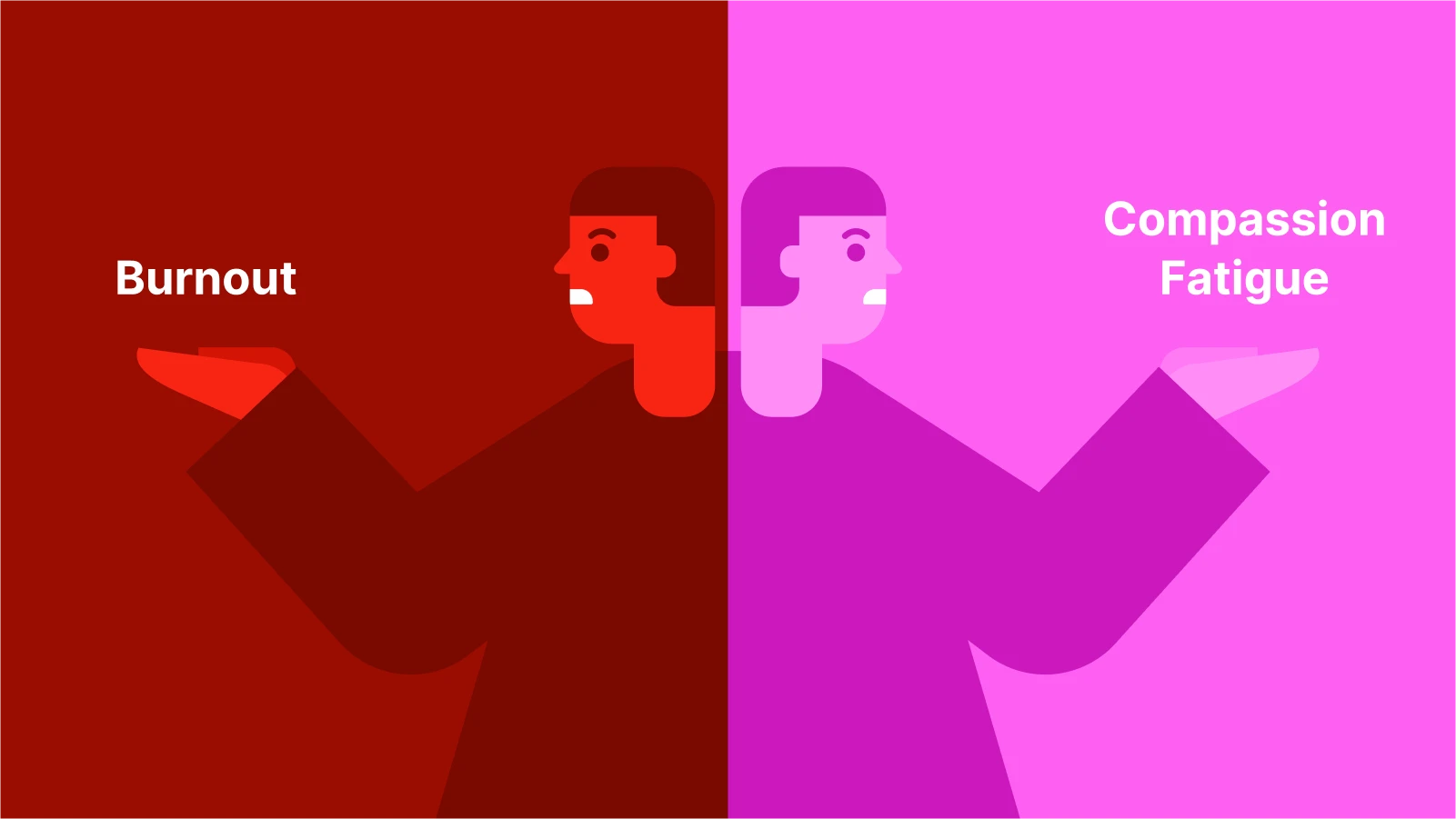 Caregivers Split illustration of two human figures reaching away from each other, one in dark red, one in pink-purple - _ wellness