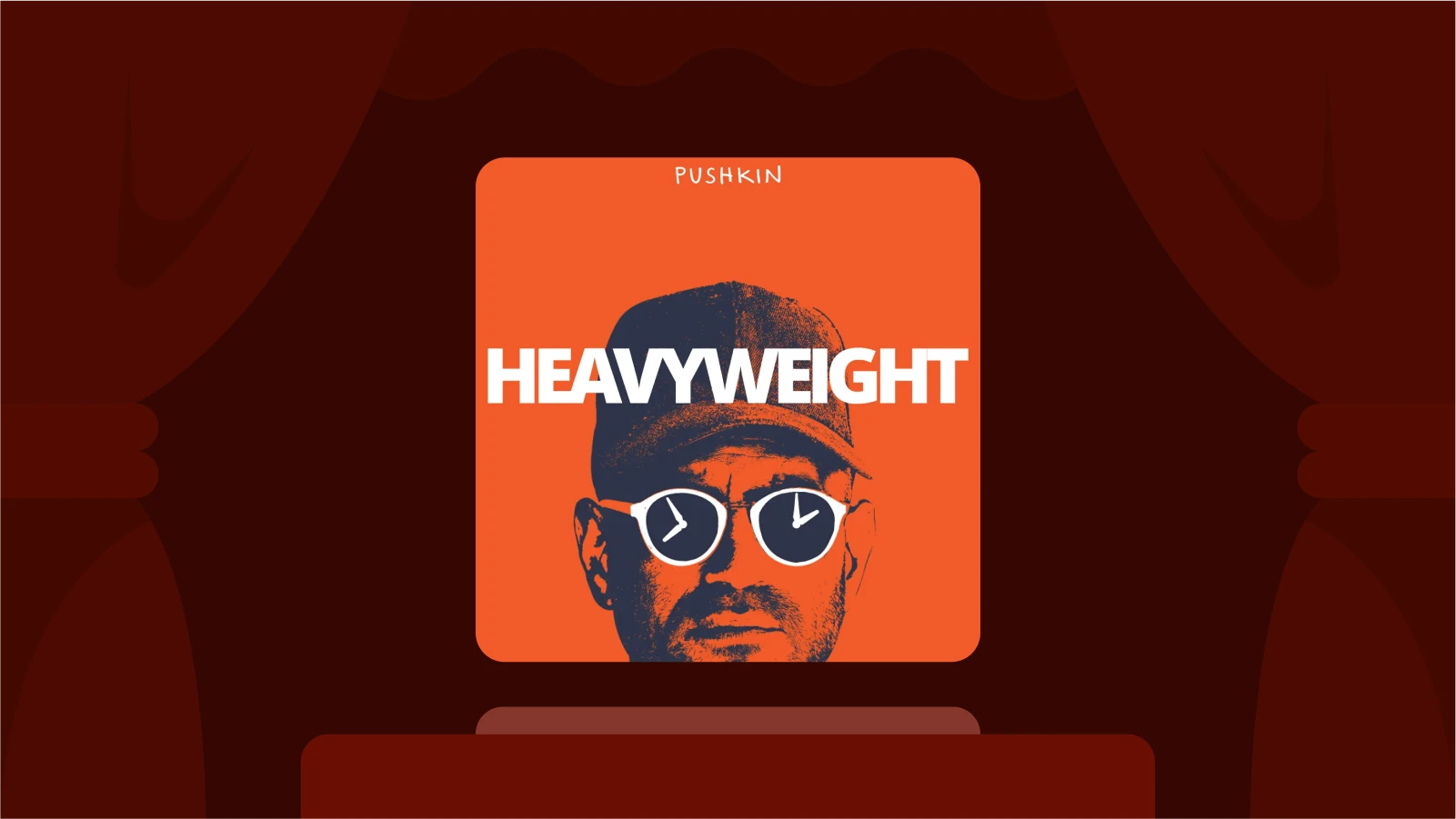 Heavyweight podcast cover with illustrated man in glasses, a storytelling podcast exploring unresolved past events