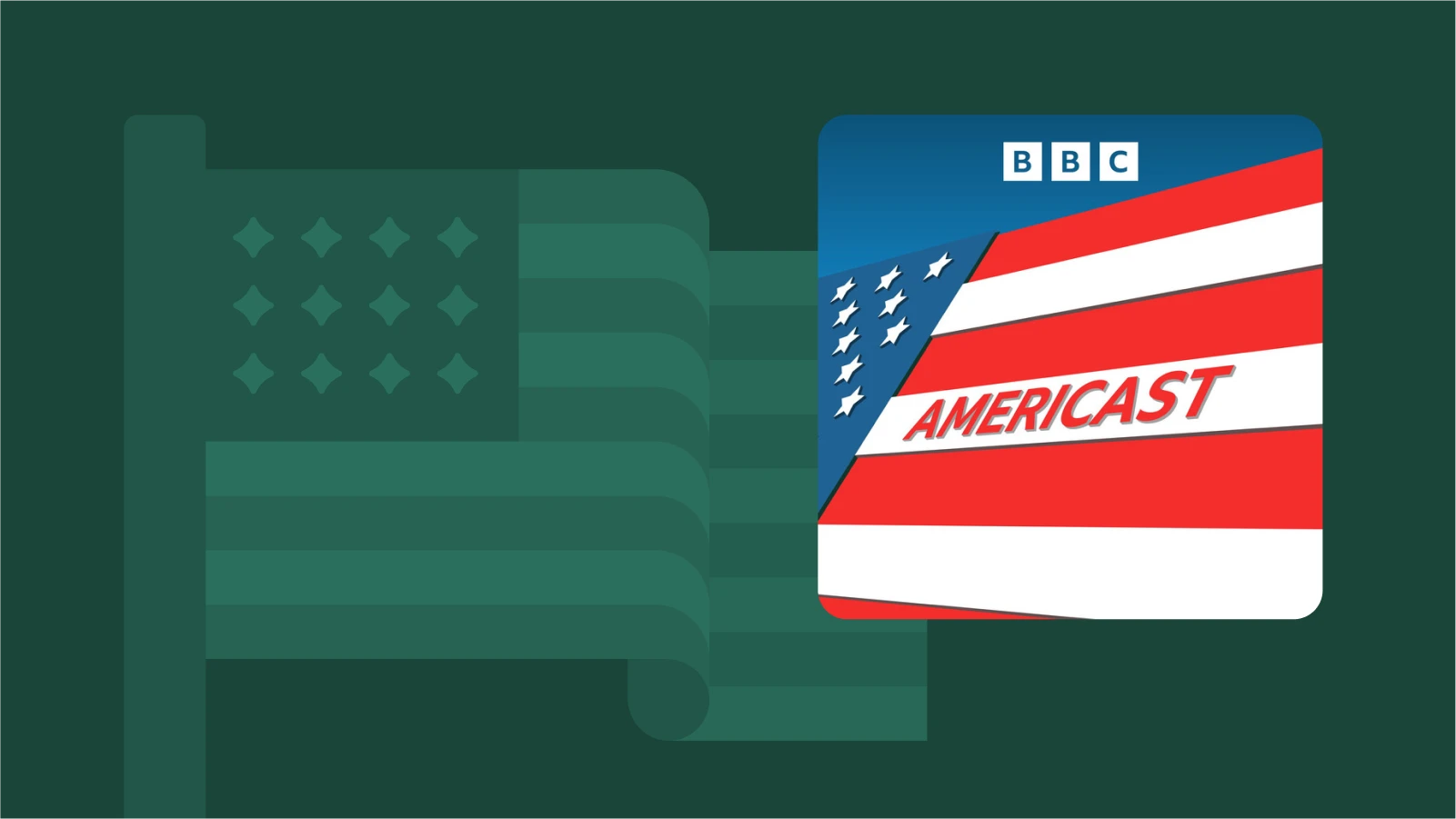 Green background with Americast podcast cover, exploring US politics from an international perspective