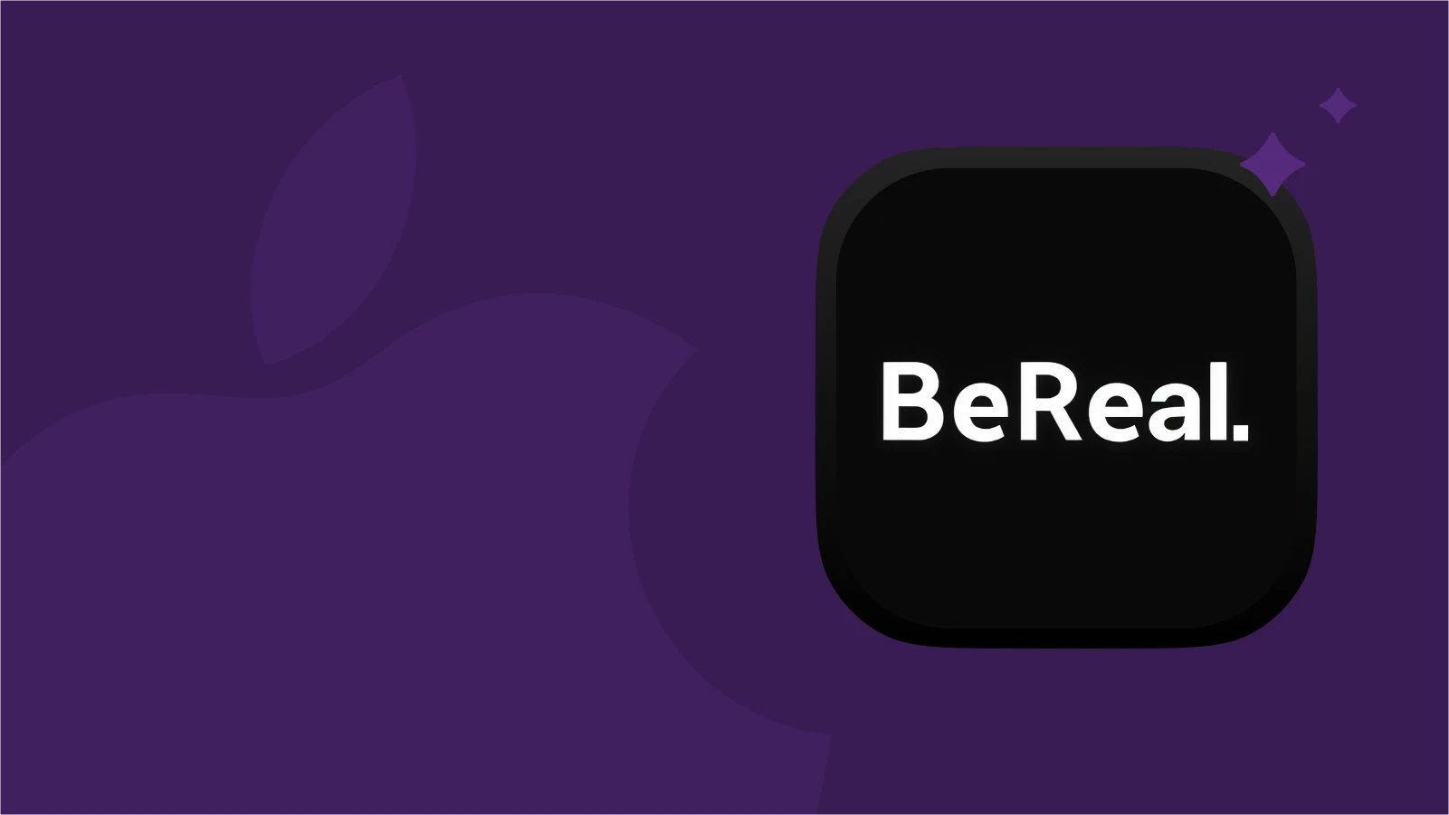 Bereal app for iphone 14 pro with iphone logo at the background and stars in the corner