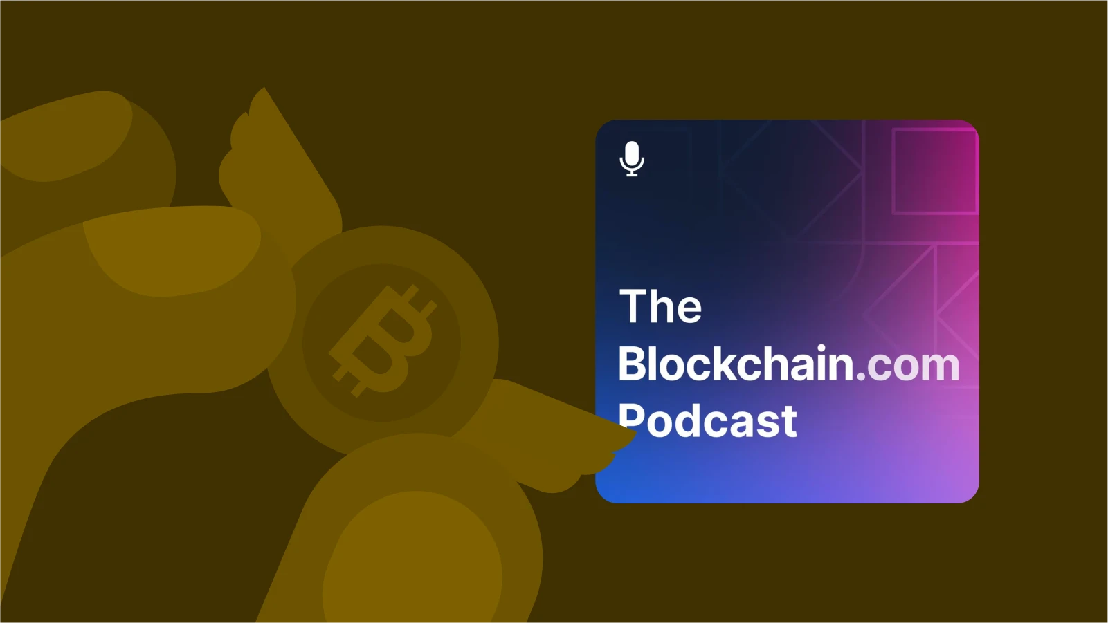 the blockchaincom podcast about crypto and a hand with bitcoin with wings