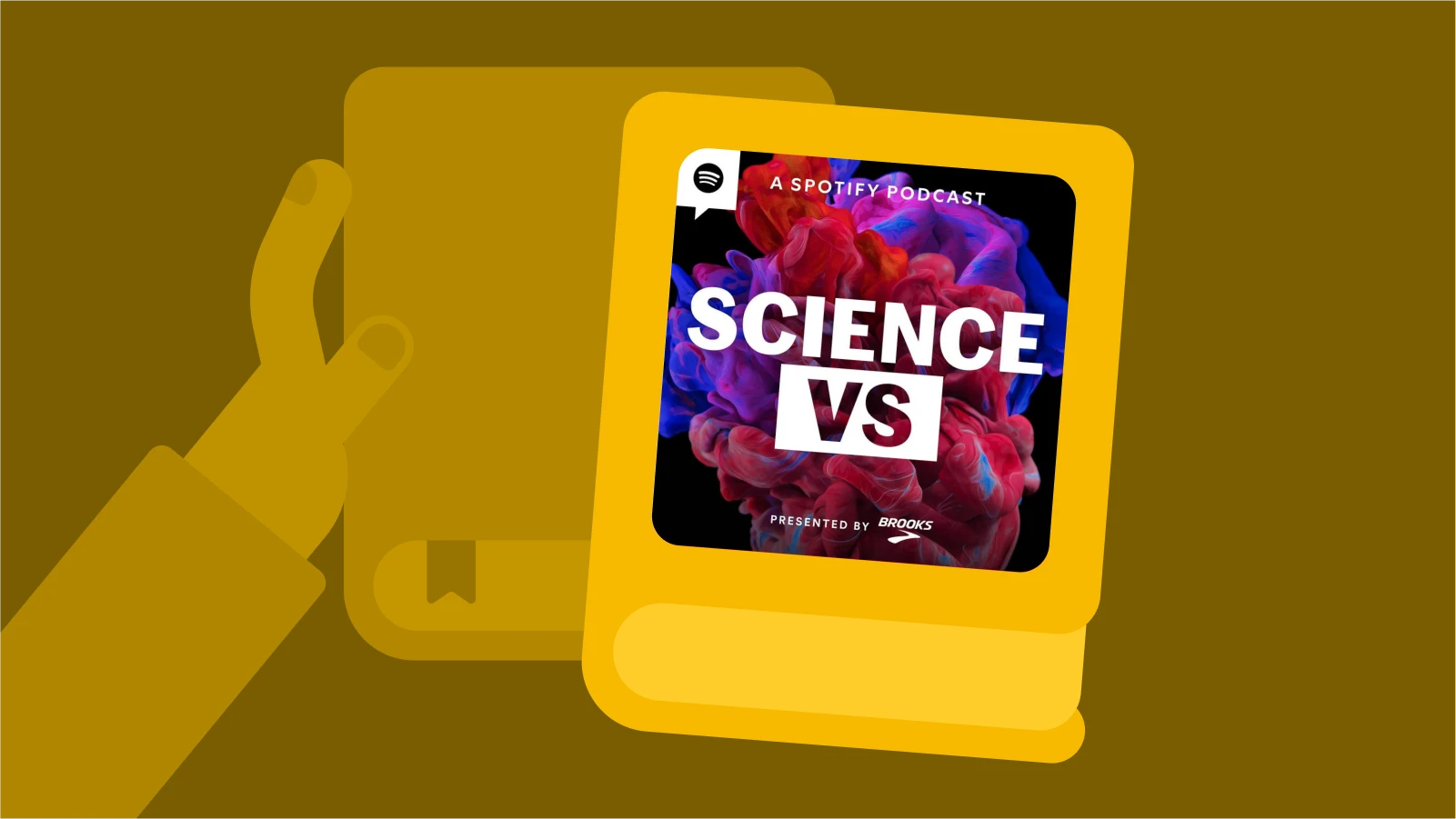 A hand holding a book with a podcast cover with a group of four men, titled Science Vs, set against a dark green background