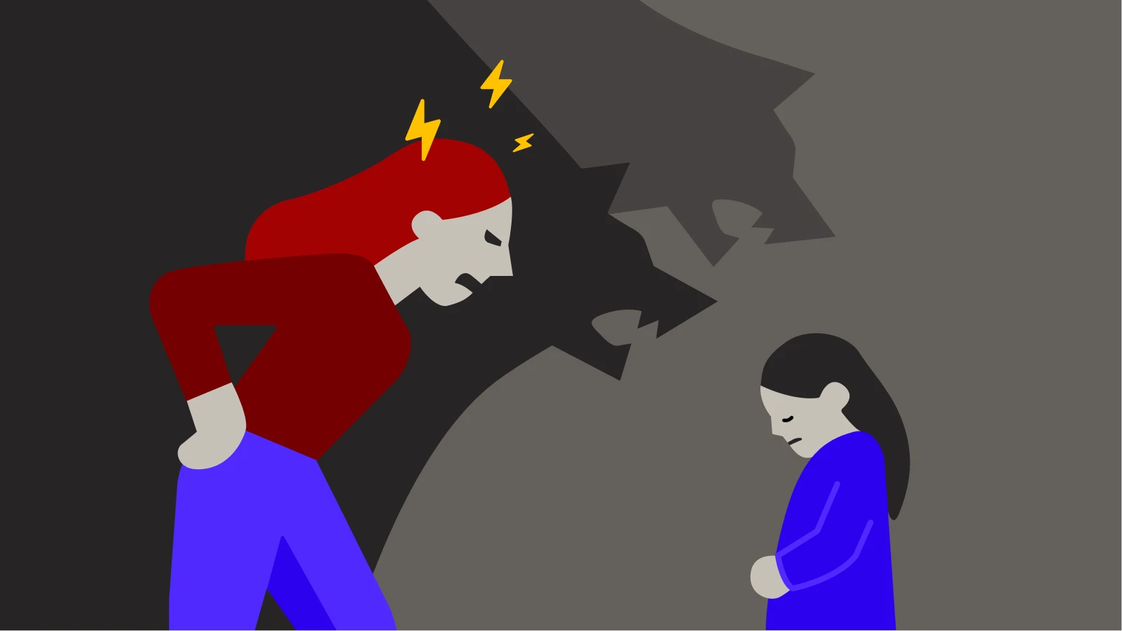 Angry adult figure in red casting dark shadow over frightened child in blue depicting childhood trauma and mental health impact
