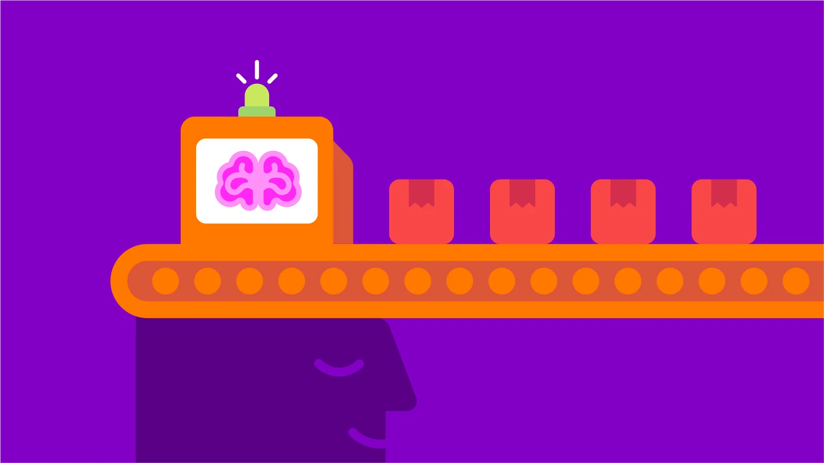 a human head with a conveyor belt carrying boxes and a glowing brain, representing the benefits of microlearning and knowledge retention